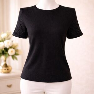 Chanel Uniform Black Wool Knit Textured Sleeve Blouse | XL (Fits US M)